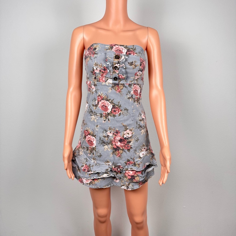 Vintage Y2K 579 Stretch Floral Mini Denim Dress Layered Ruffles Strapless